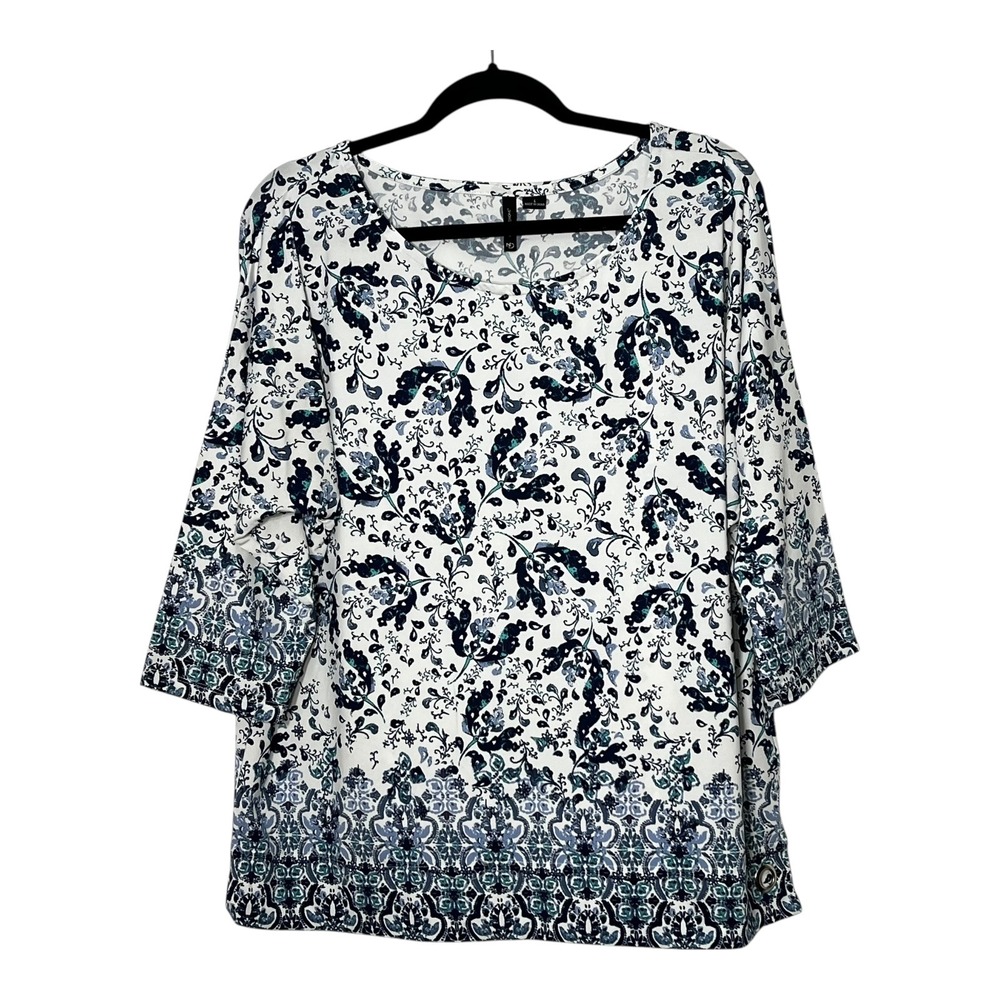 New Directions Womens Blue Floral Paisley 3/4 Sleeve Grommet Hem Top Large